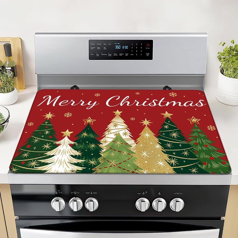 Seimip Christmas Trees Stove Cover, Merry Christmas Stove Top Cover for Gas Stove Xmas Red Winter Kitchen Decor Glass Stove Top Pad Heat Resistant Electric Stove Protector Washable Cooktop Oven Mat - Image 1